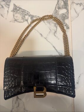 Balenciaga Black Croc-Embossed Leather Shoulder Bag with Gold Chain